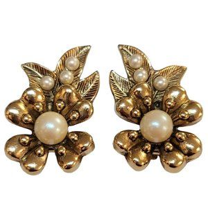 1928 Brand Faux Pearl Flower, Leaf Clip-On Earrings K990